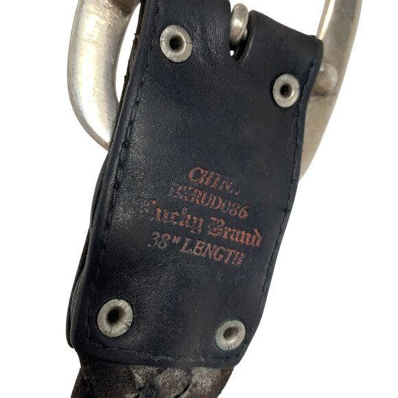 LUCKY BRAND Black Leather Braided Woven Belt Solid Brass Silver-Tone Buckle Mens - Picture 3 of 6